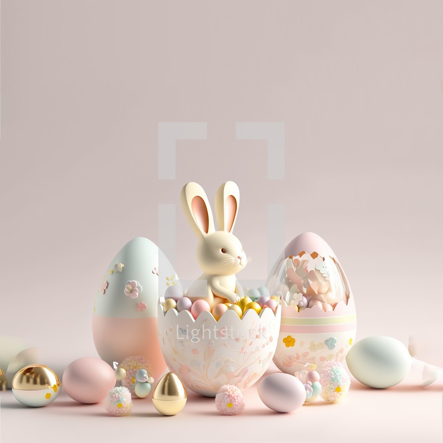 3D Easter eggs and bunny background