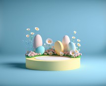 3D rendering of an Easter background and a product podium stand with eggs and flowers