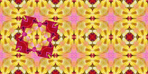 kaleidoscope design in yellow, pink, gold, red, with a tilted medallion