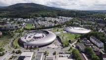 Modern architecture of shopping center Shopping Cite in Baden-Baden, Germany, aerial