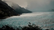 Overcast Sky Over Mountains And Glaciers Of Perito Moreno Glacier In Argentina, Patagonia. Wide Shot