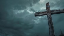 Wooden cross of Calvary, Christ, crucifixion, rain filed dark sky 