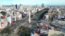 Panoramic Aerial drone view of Buenos Aires obelisk on avenida de Julio in Buenos Aires, Argentina. Shows buildings and skyscrapers with car traffic in the Street below.
