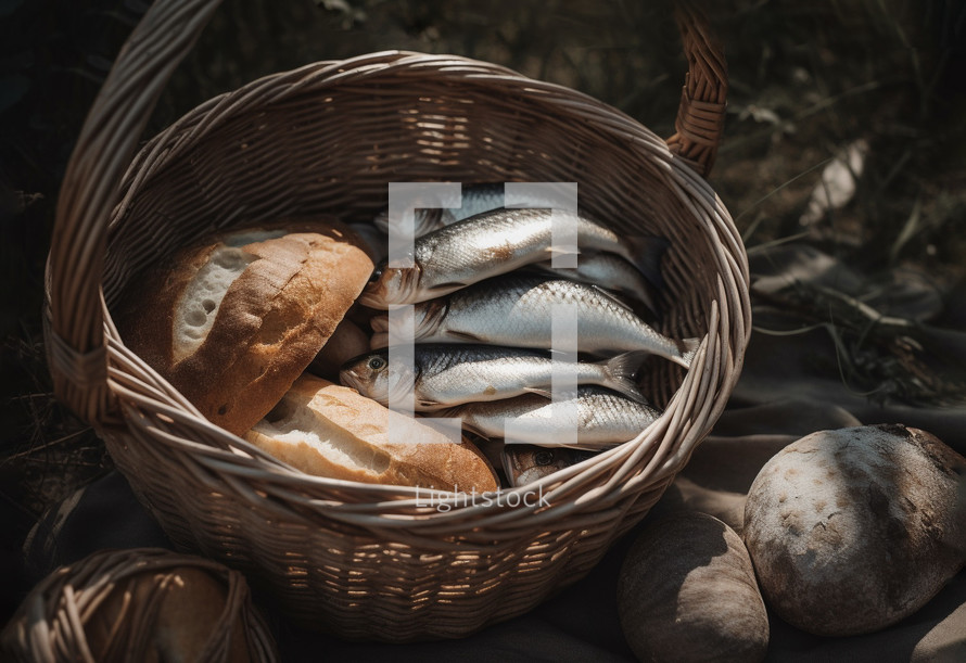 A photo of a basket of Loaves and fishes.
