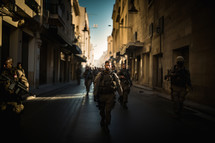 A platoon of Israeli soldiers walking in the streets of Jerusalem keeping the peace
