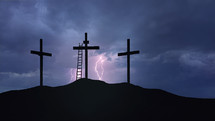 Calvary hill with cloudy sky and lightnings.
