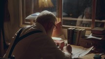 Old grey-haired writer putting on glasses, working on vintage typewriter and taking notes on paper at desk beside window in warmly lit study in the evening
