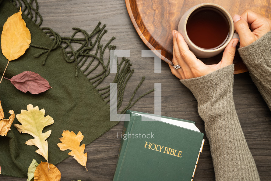 woman's arms and fall leaves on a green scarf and Holy Bible 