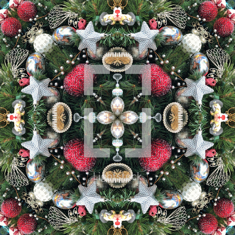 Christmas tree ornaments in symmetrical kaleidoscopic layout