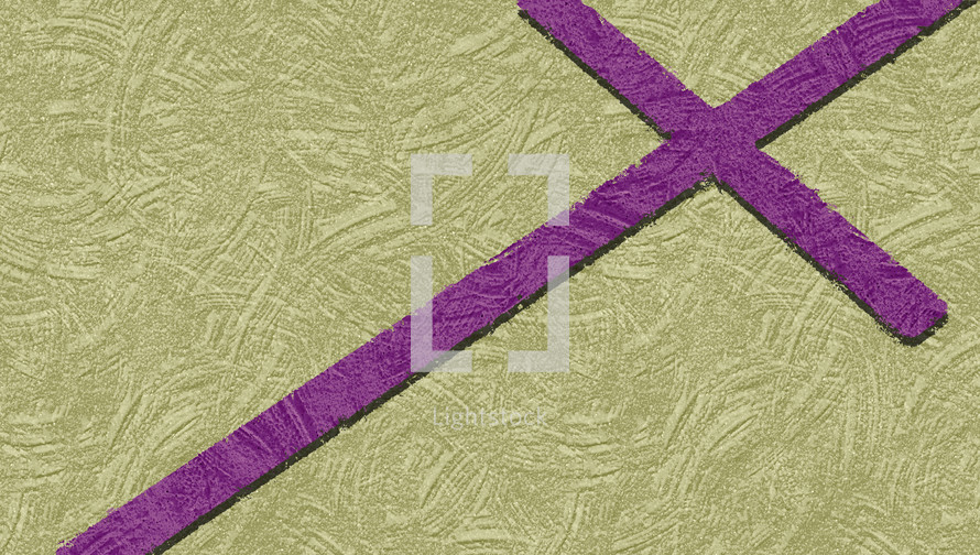 Tilted, purple cross with shadow on rough olive green background