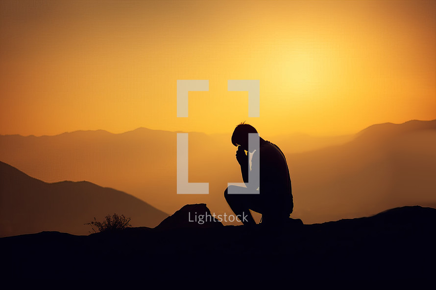 Man Praying Silhouette with Sunset Background