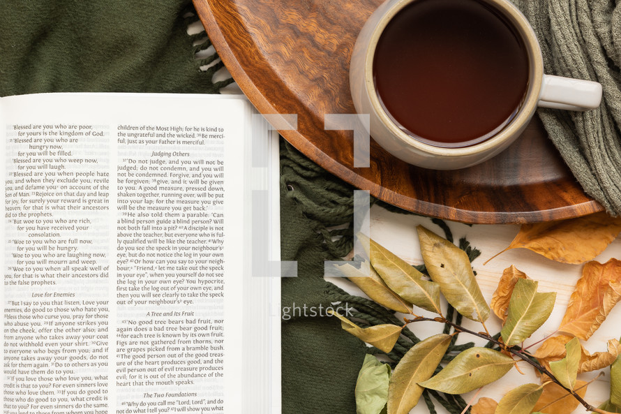 mug on a tray, fall leaves on a green scarf and Holy Bible 