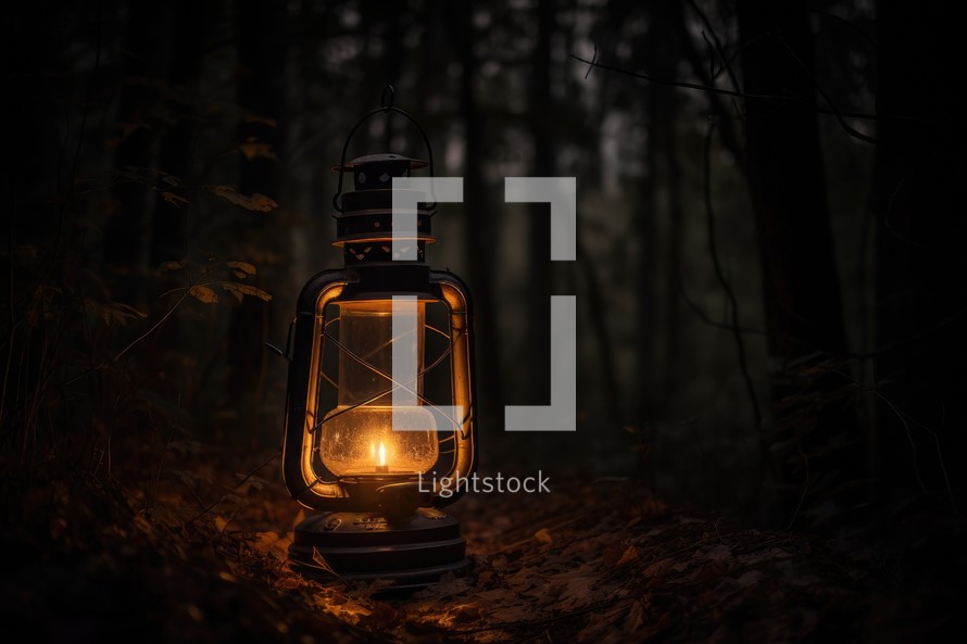 Candle in a Lantern on Forest Pathway