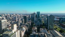 Buenos Aires, Buenos Aires, Argentina - October 2023: Aerial Drone Scene of Montserrat Neighborhood in Buenos Aires City, Argentina. Camera Moves Forward to Reveal City Skyline.
