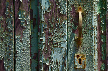 paint pealing off a wood door and brass door pull 