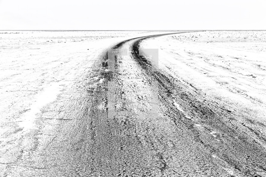 tracks through a desert of salt in Ethiopia 