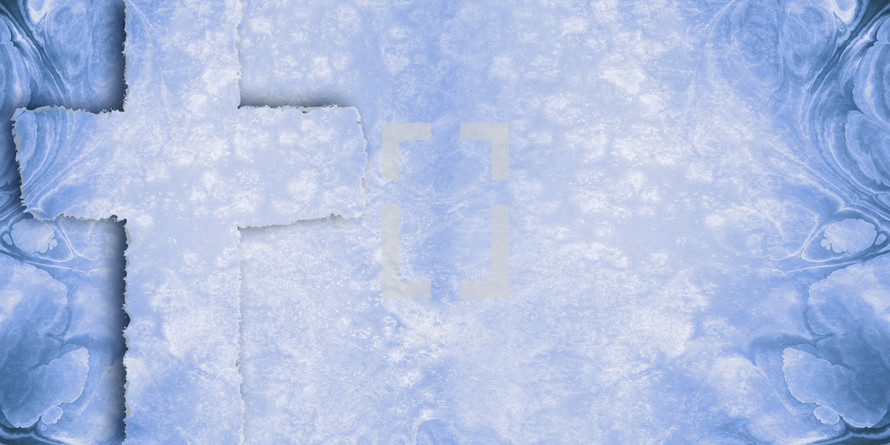 ragged cross on splotchy blue marbled background with copy space