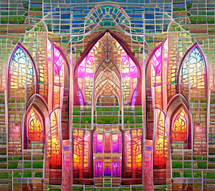 abstract wall of glowing stained glass windows in gothic arches 