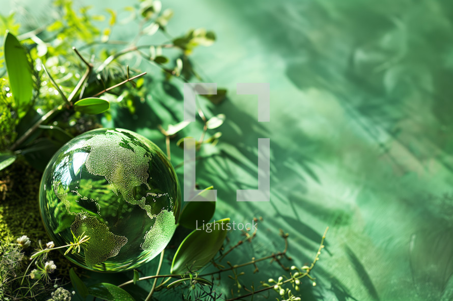 AI Generated Image. Earth Day mockup on a green background with copy space and plants