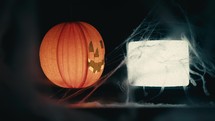 Halloween Lantern and Vintage Television on Background