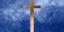 rusty brown cross on textured blue geometric background