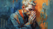 An artistic painting of a young man praying orange and blue accents 