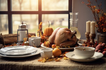 AI generative images. Prepared turkey on the dining table served for Thanksgiving Day party