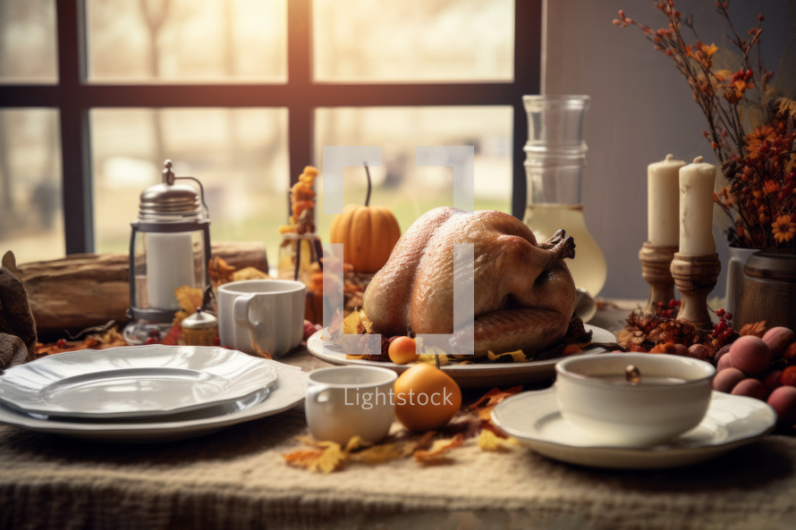 AI generative images. Prepared turkey on the dining table served for Thanksgiving Day party
