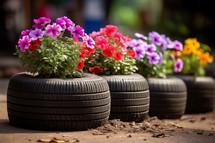 AI generative images. Old car tires repurposed into the flower pots at the garden. Upcycling concept