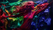AI generated image. Statuette of the free woman with long hair painted by red against the colorful paint splashed background. Symbol of liberation and equality