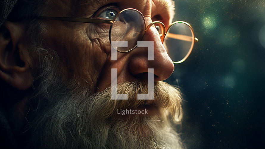 An old man with glasses and a beard contemplating and praying to God with eyes opened.