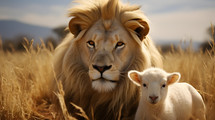 A lion and a lamb in sitting in a golden wheat field