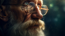 An old man with glasses and a beard contemplating and praying to God with eyes opened.