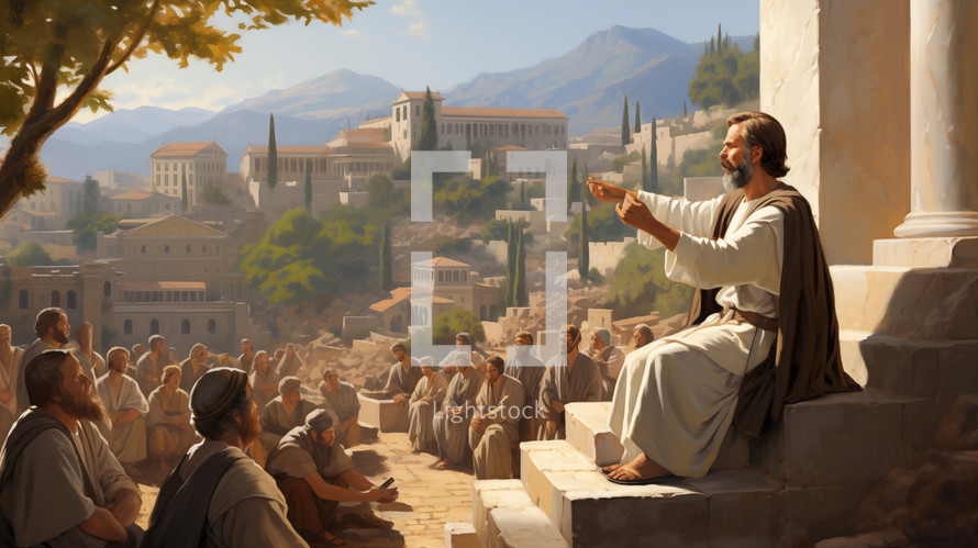  Apostle Paul preaching the Word of God to the Christian and gentile people in Athens 
