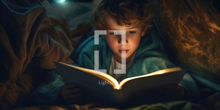 A young boy reading a book under covers.