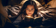 A little girl reading the bible in her bed. 