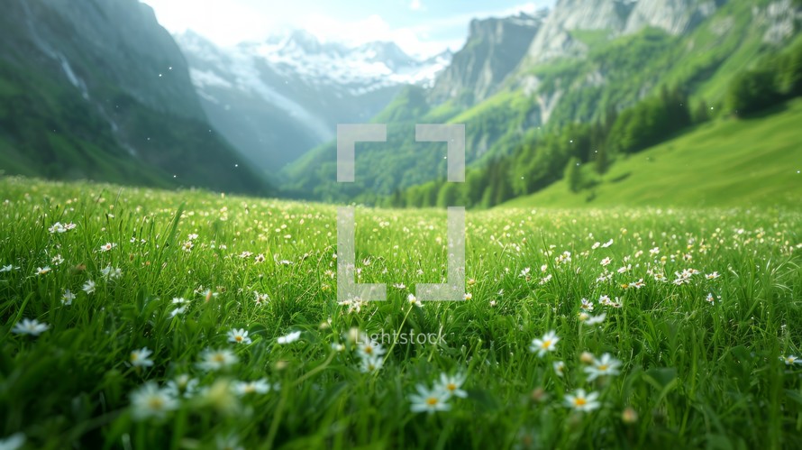 Picturesque Swiss mountain panorama featuring detailed macro shots of vibrant green meadows and close-up images of lush grass, portraying the stunning beauty of the alpine flora Generative AI