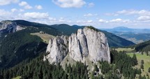 Sandstone And Limestone Massif Of Hasmas Mountains In The Romanian Carpathian Mountain Range Near Piatra Singuratica In Romania.