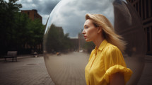 AI Generated Image. Blond woman wearing yellow dress inside of big bubble walking in the city. Protection, social distance and introversion concept