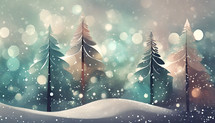 stylized evergreen trees with snowy bokeh effect and soft lighting