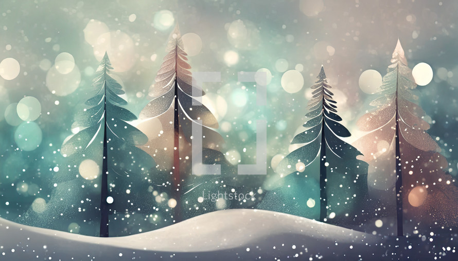 stylized evergreen trees with snowy bokeh effect and soft lighting