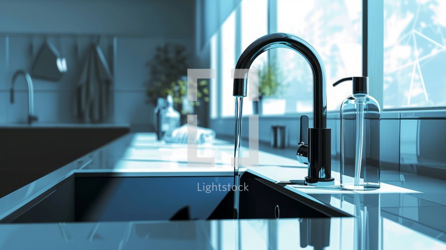 Detailed view of a voice-activated smart faucet, motion sensor, adjustable water flow, high-tech elements, clean and modern illustration Generative AI