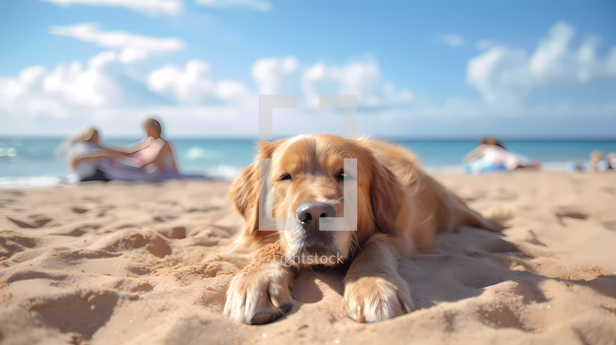 Adorable dog sleeps on the beach in summer