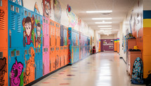 school hallway filled with lockers decorated with student artwork, backpacks hanging on hooks
