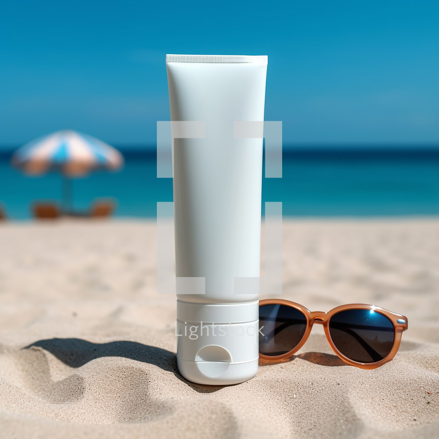 Empty white plastic tube. Sunscreen lotion on sandy beach