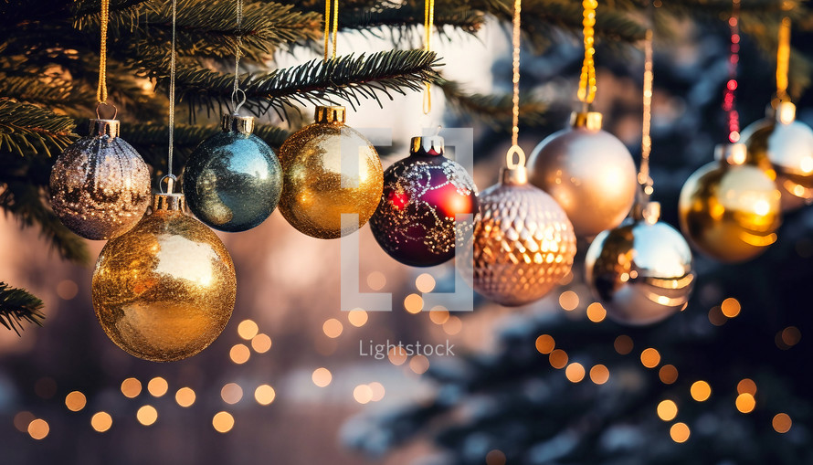 Colorful Christmas balls hanging from a tree brach 
