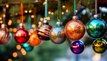 Colorful Christmas balls hanging from a tree brach 