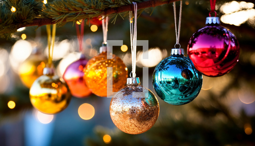 Colorful Christmas ornaments on a branch 