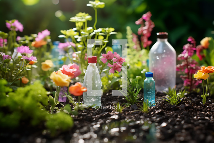 AI generative images. Gardening crafts made of used repurposed plastic bottles. Upcycling concept