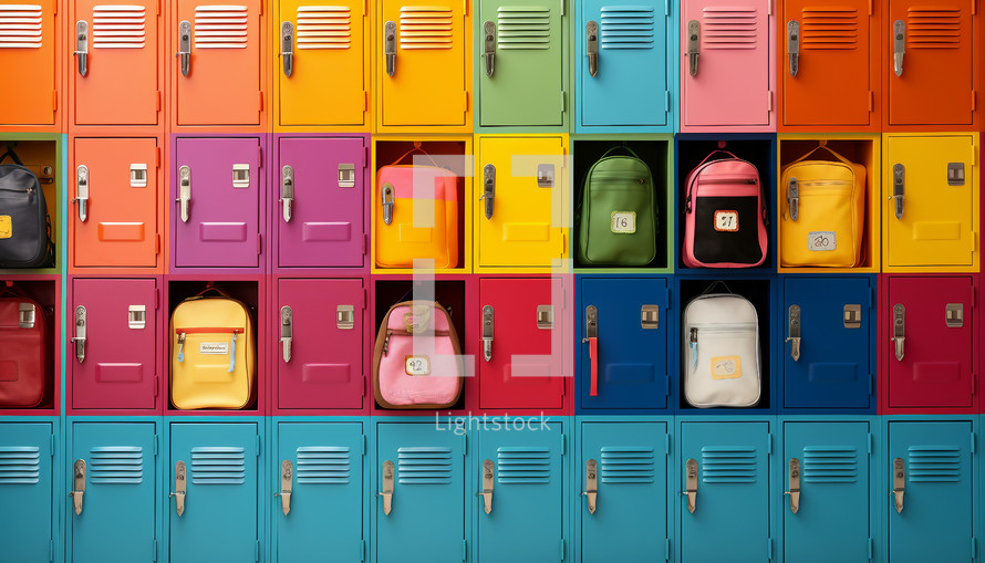 Colorful school lockers with personalized name tags, backpacks, and vibrant decorations